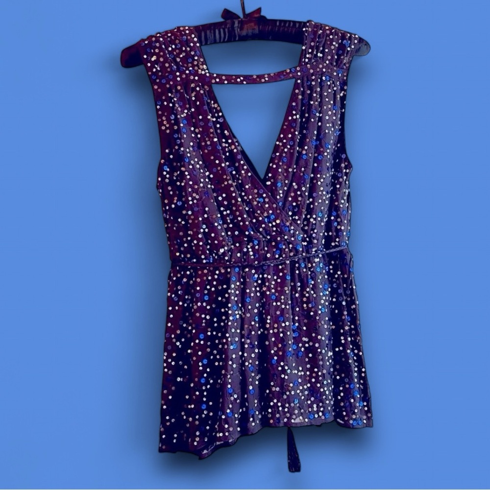 🦋French Connection, SILK, Navy Sequin, sleeveless, wrap detail, V neck, Sz 10